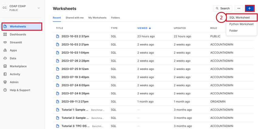 creating a new SQL sheet in snowflake