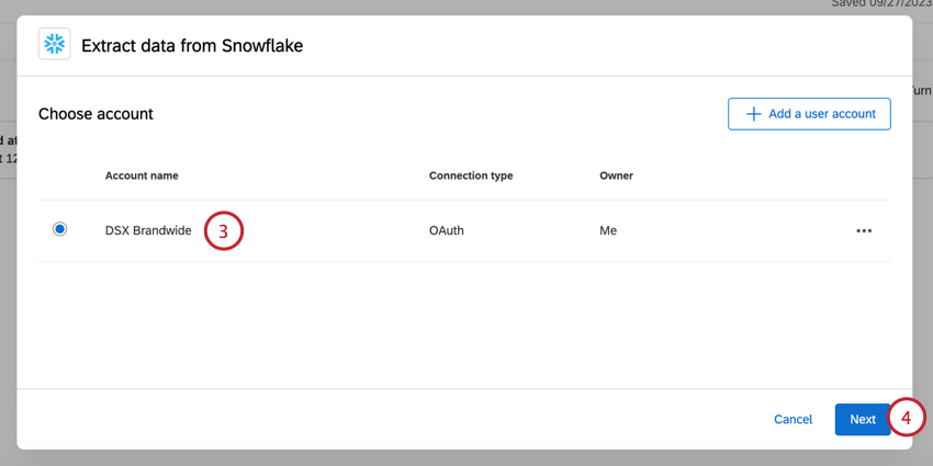 selecionar uma conta snowflake a ser usada para a tarefa