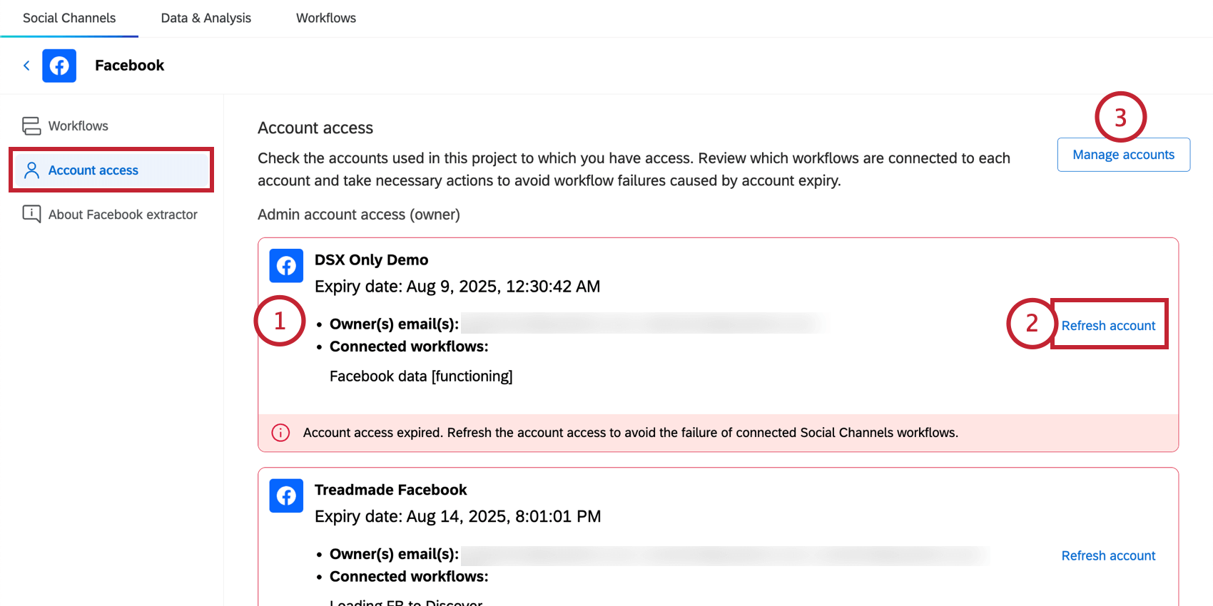 the account access section of a social account
