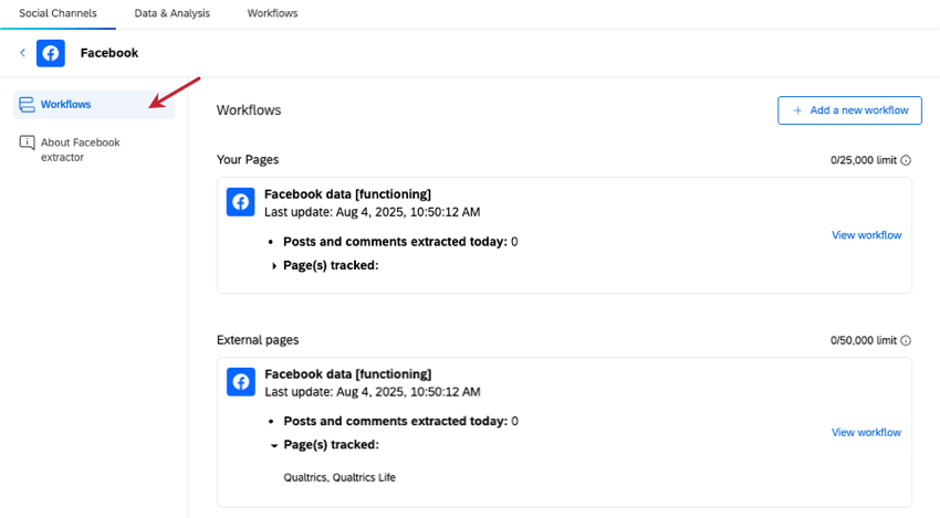 El menú a la izquierda indica que estamos en la sección de flujos de trabajo de estos detalles, que muestra un botón de creación de flujo de trabajo , resúmenes de flujos de trabajo y la capacidad de ir directamente a flujos de trabajo específicos.