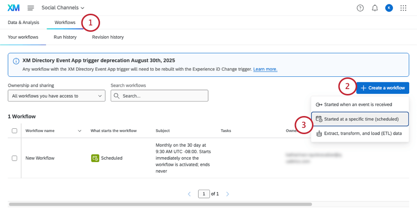 registerkarte "Workflows" des Projekts