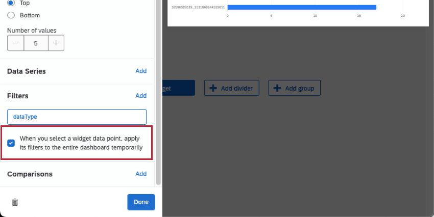 quando si seleziona un punto dati del widget, si applicano temporaneamente i filtri a tutto il dashboard