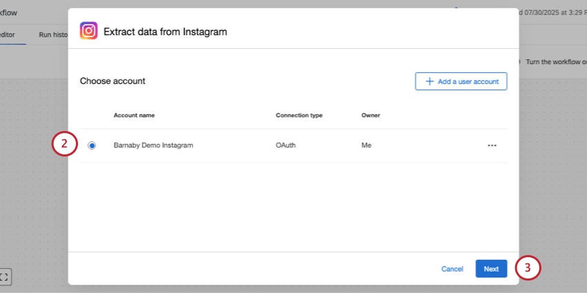 janela em que você conecta uma conta Meta para o Instagram