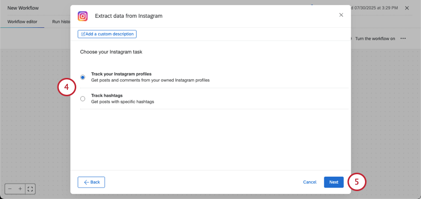 finestra in cui si decide cosa monitorare in Instagram