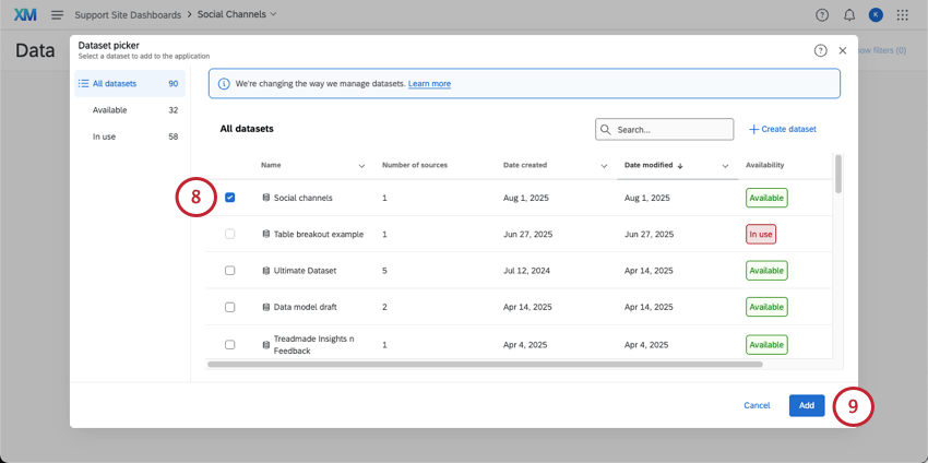 embedded window where you create and add datasets to dashboards, but with new dataset selected