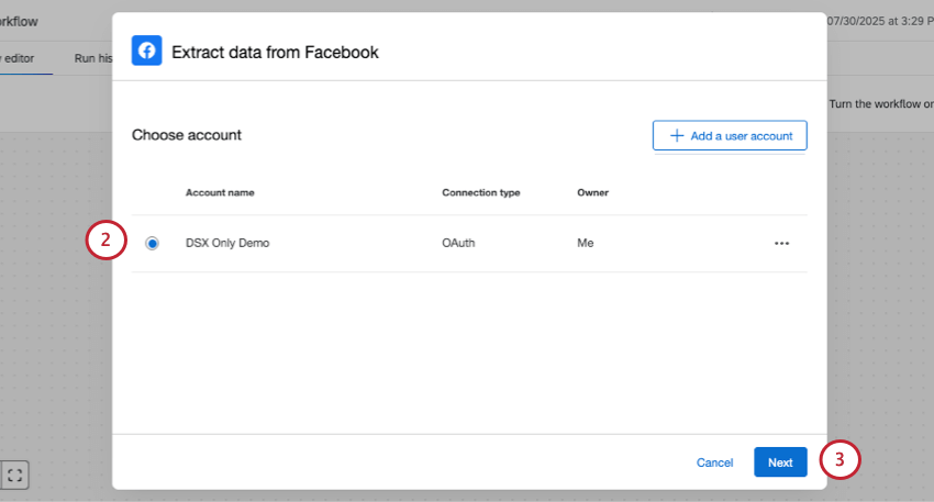janela em que você adiciona contas do Facebook ao seu fluxo de trabalho