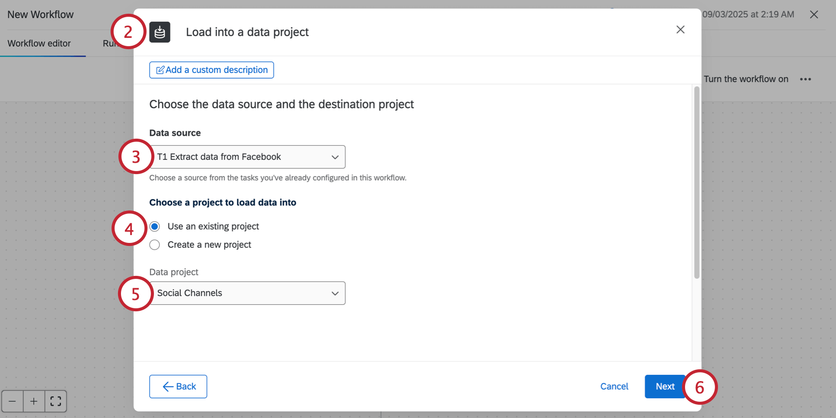 creating the load into data project task and selecting the social channel from the previous task