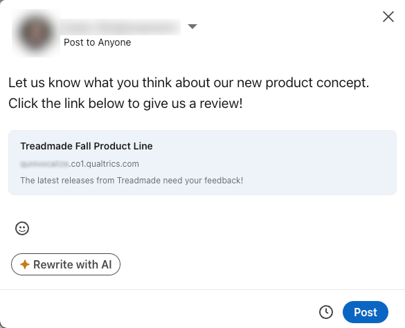 Anteprima di come la descrizione del sondaggio e il nome appaiono in un post di linkedin