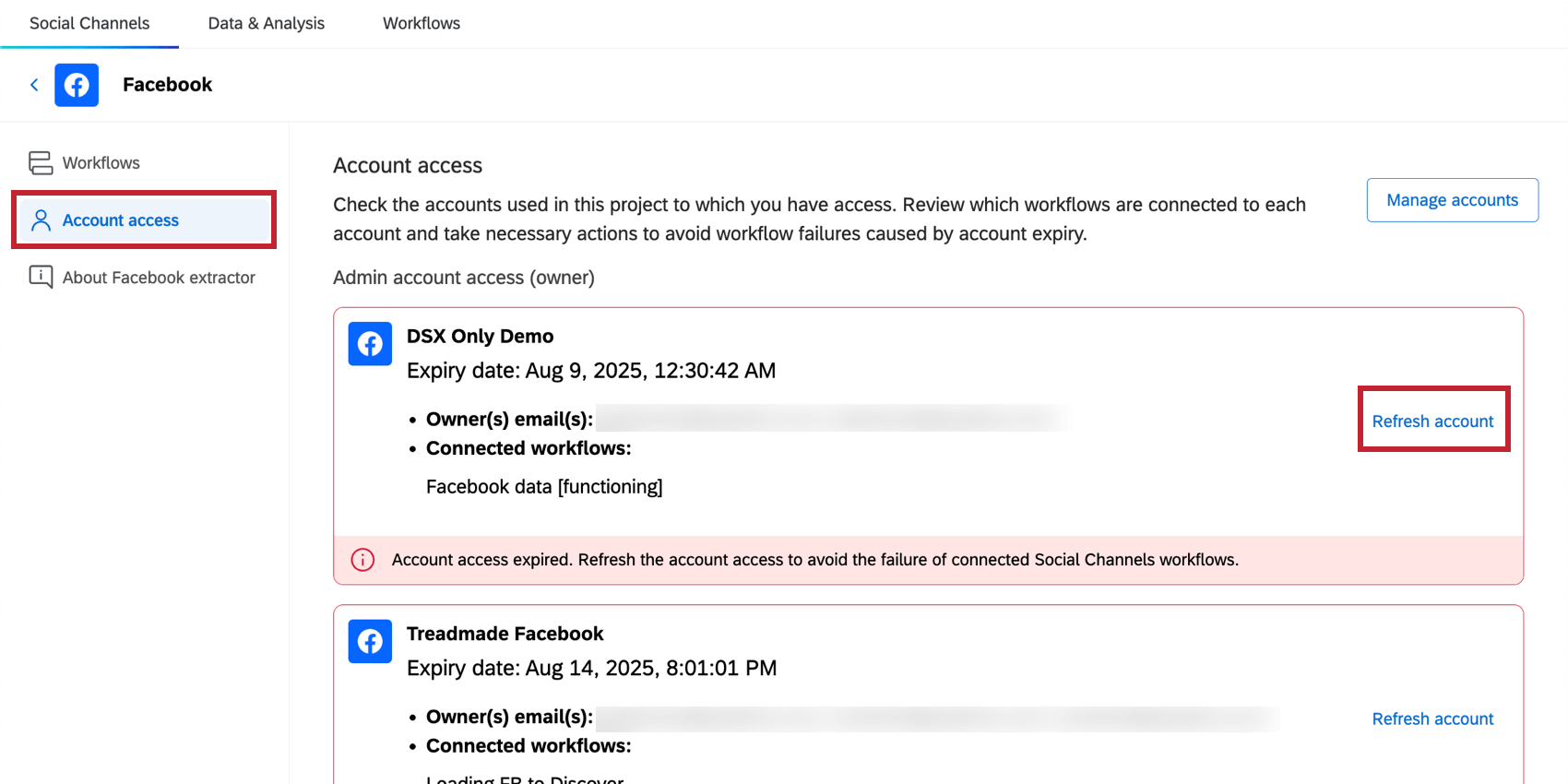 ソーシャルアカウントのアカウント更新をクリックする。