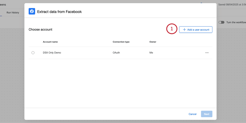 fenster, in dem Sie ein Benutzerkonto bei Facebook mit Workflows verbinden