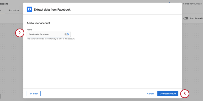 next page of workflows modal where you name your social account
