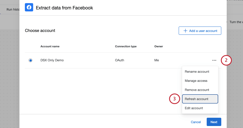 la tendina accanto allaccount social è stata espansa e il refresh è stato evidenziato testo