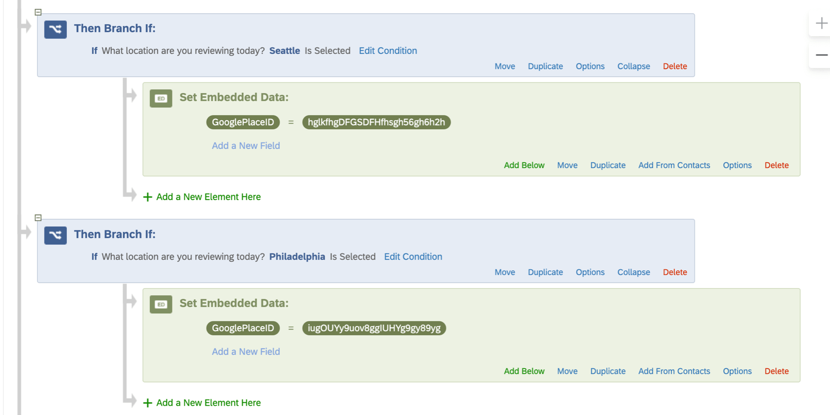 Imagen de dos sucursales con datos embebidos, una para Seattle y otra para Filadelfia