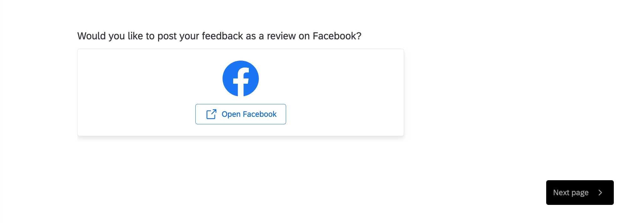Bild einer Frage, die besagt, möchten Sie eine Bewertung auf Facebook hinterlassen? dann einen Link zum Öffnen von Facebook