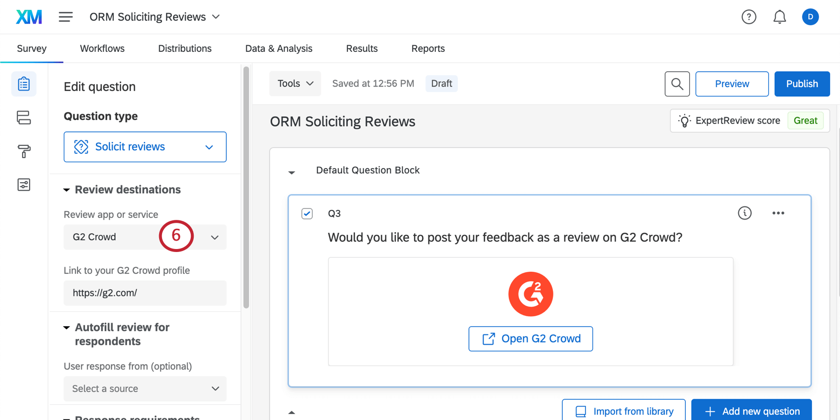 Image that shows editing a solicit reviews question. G2 is selected, resulting in an orange logo and redirect button