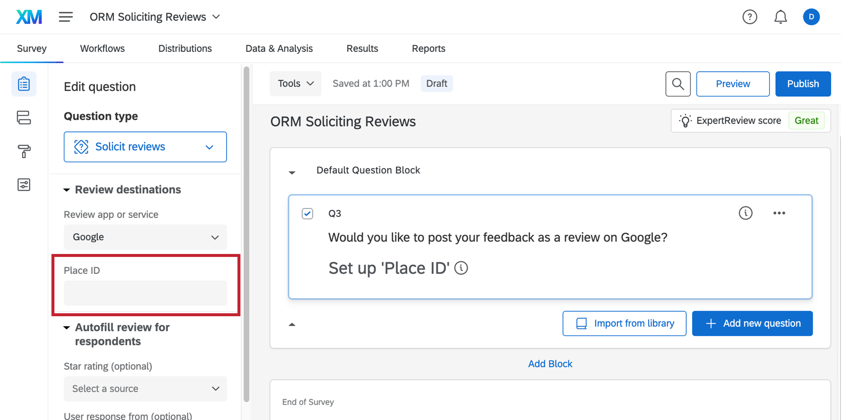Image of a solicit reviews question with the place id field highlighted
