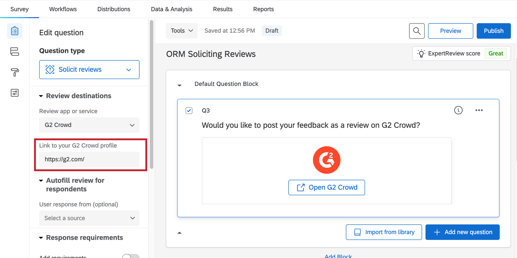 Image of a solicit reviews question being edited, with a field called "link to your G2 crowd profile" where a URL is