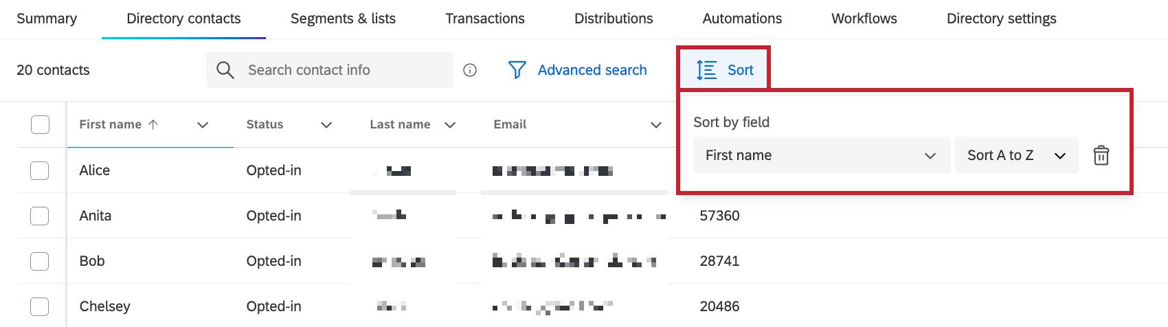 sort button at top of directory, with a field selected to sort contacts