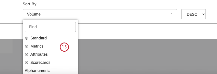 Selecione uma métrica pela qual os agrupamentos selecionados devem ser classificados ao longo do eixo horizontal (para gráfico de colunas ou gráfico de pareto) ou vertical (para gráfico de barras).