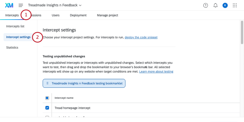 intercept settings page