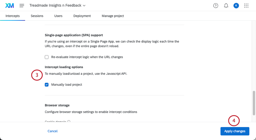 opción de carga de intercept seleccionada