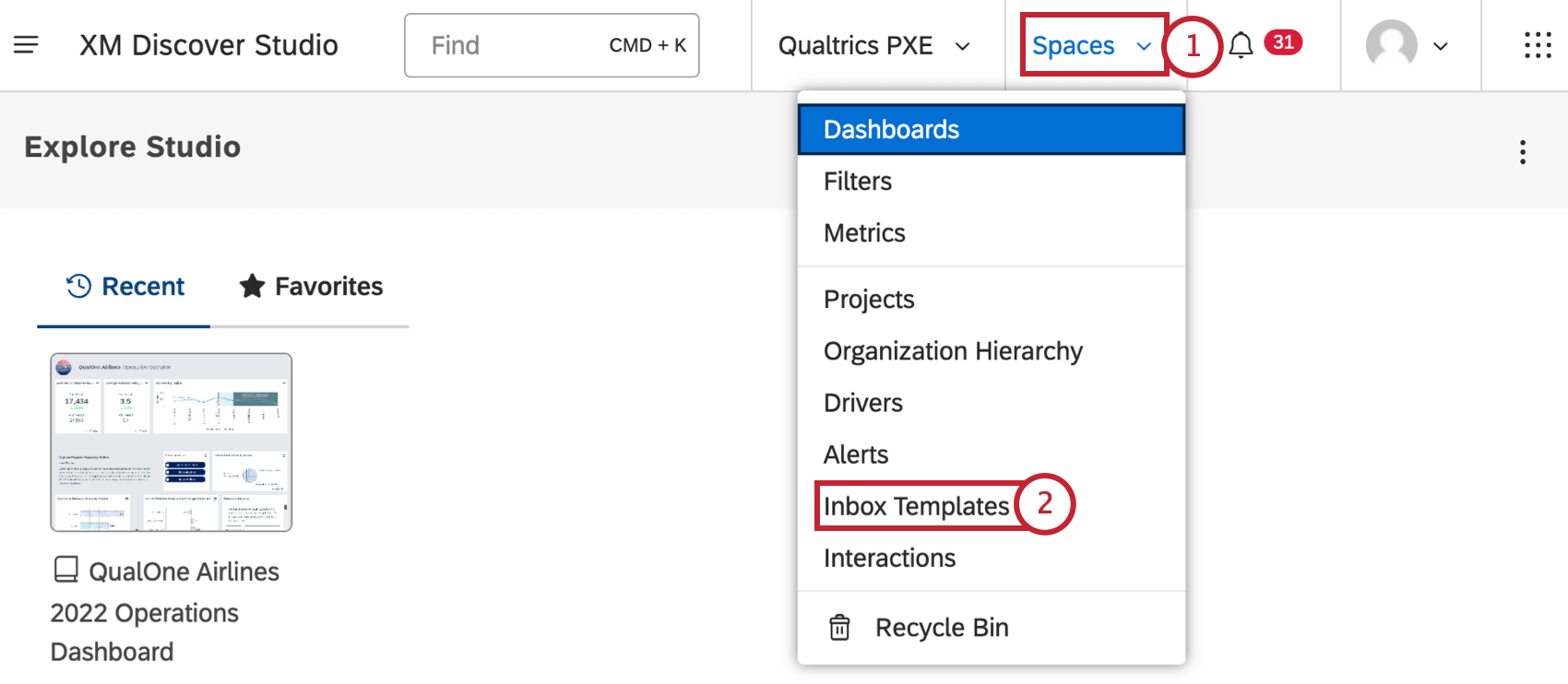Clicking spaces menu and selecting inbox templates