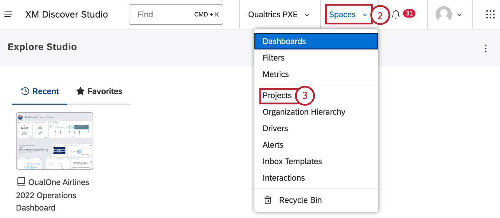 Expand the spaces menu in the top navigation area. Select Projects.