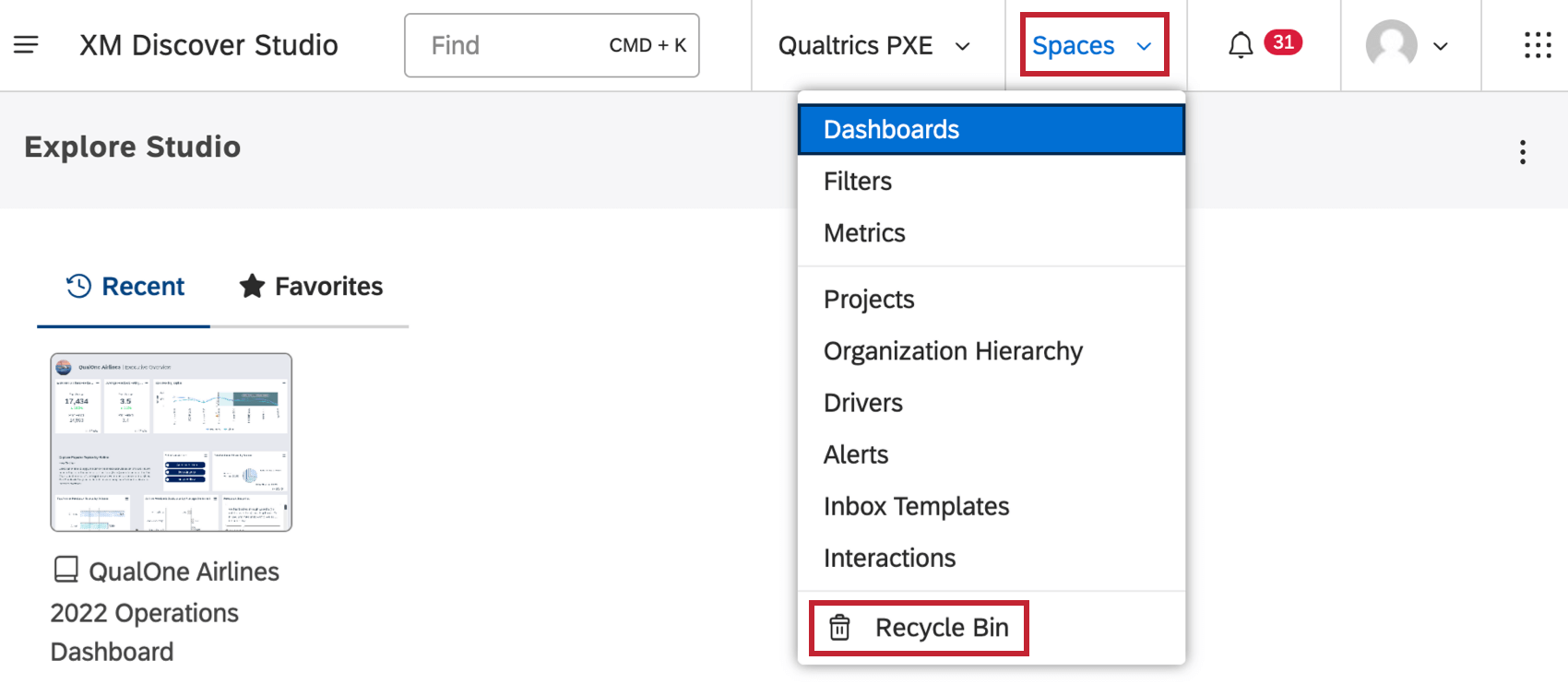 spaces menu clicked and recycle bin highlighted