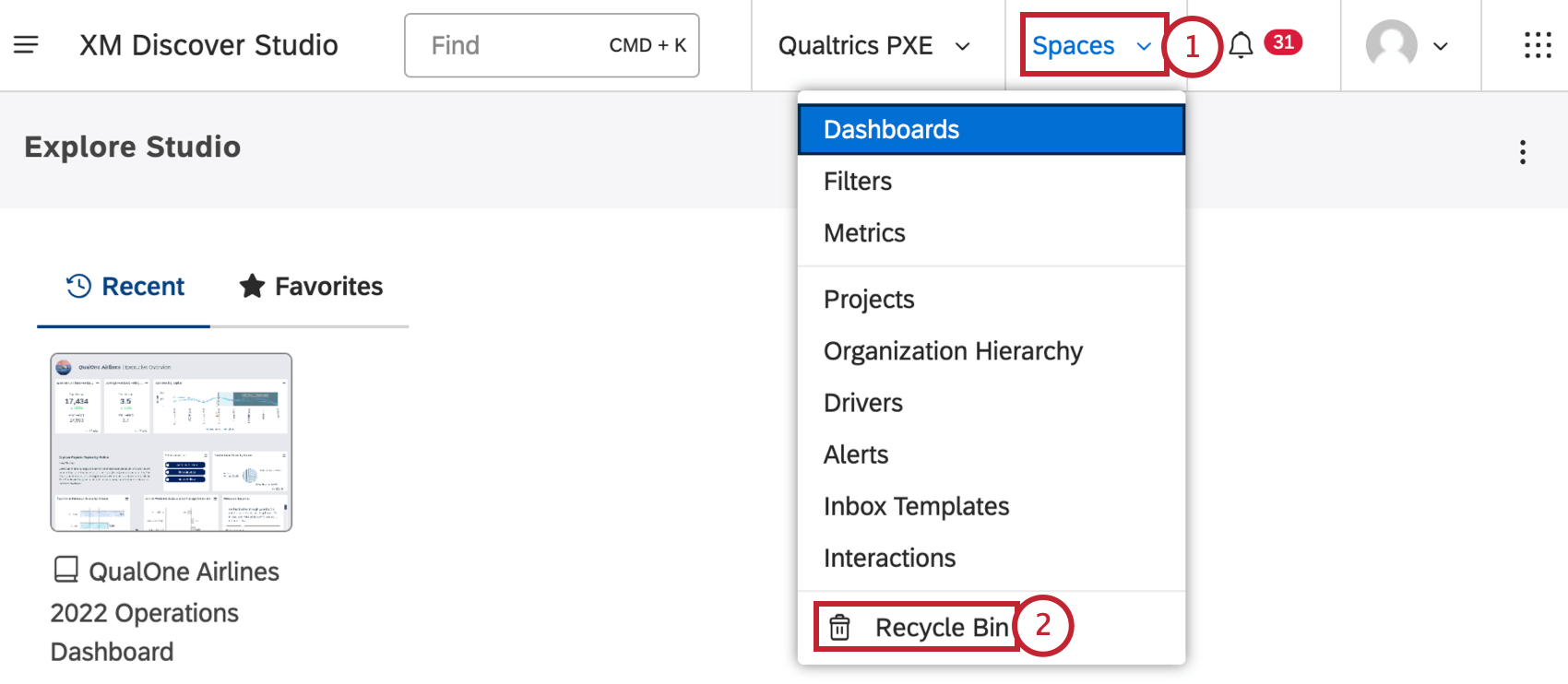 spaces menu clicked and recycle bin highlighted