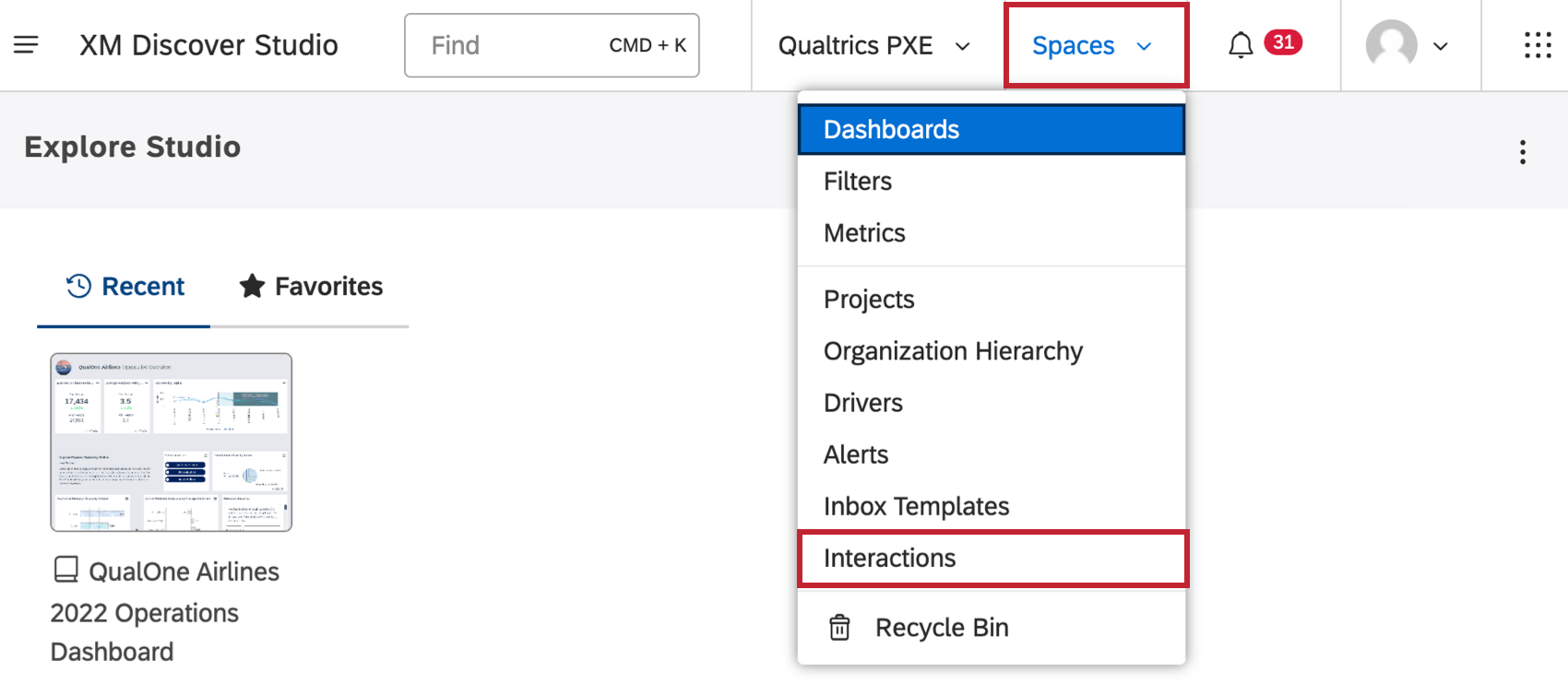 spaces menu expanded, Interactions page highlighted