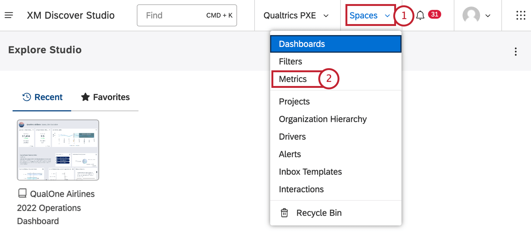 métricas no menu de espaços