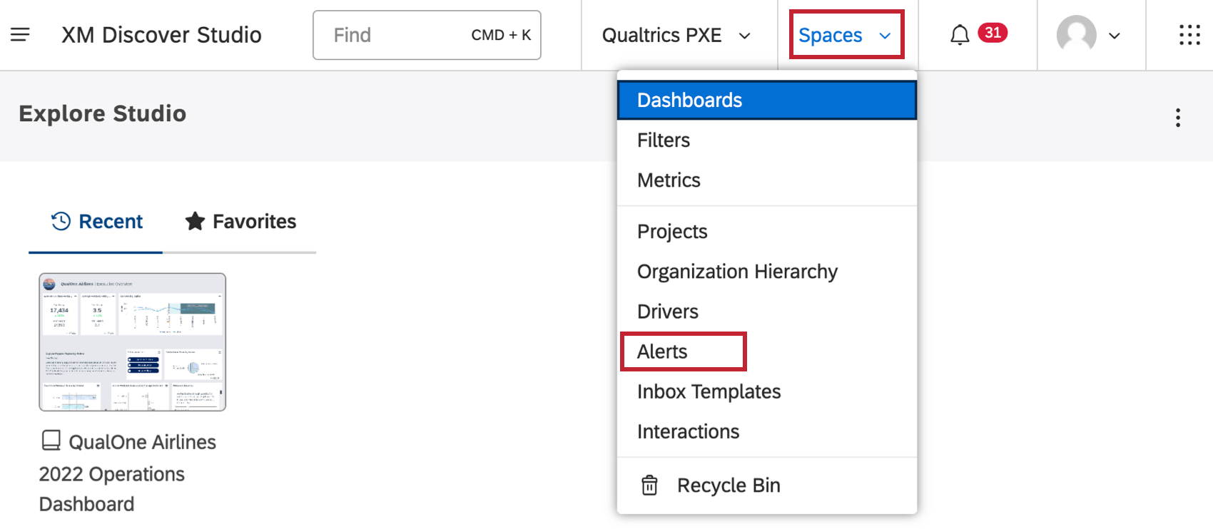 alerts page under spaces menu