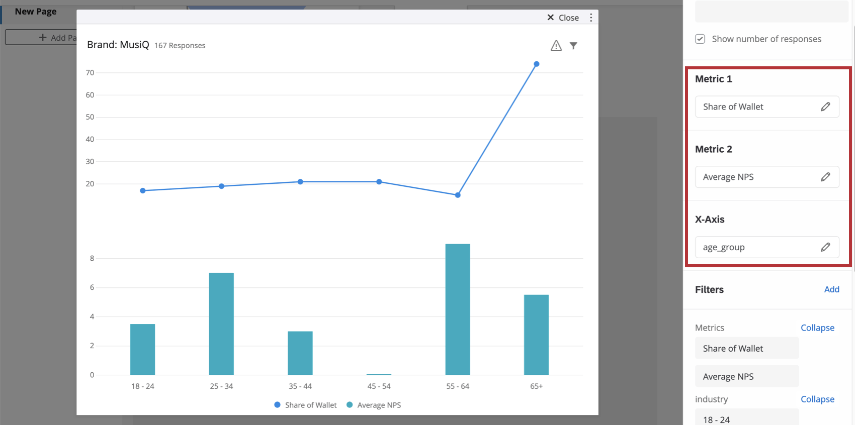 Metric and axis settings in the widget editing pane for the split axis chart