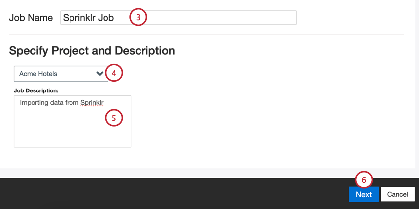 naming the job, choosing a project, and entering a description