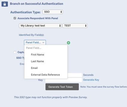 SSO authenticator with the panel field dropped down
