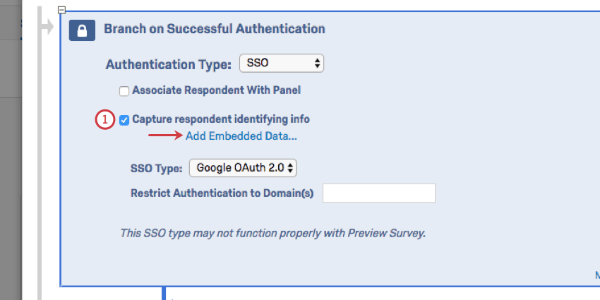 Authenticator with Capture respondent info selected and an Add embedded Data button below