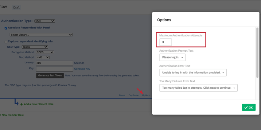 Image of an SSO authenticator, with an arrow pointing to "Options" along the bottom of it, and a new window that opens called "Options," the first one being "Maximum authentication tempts"