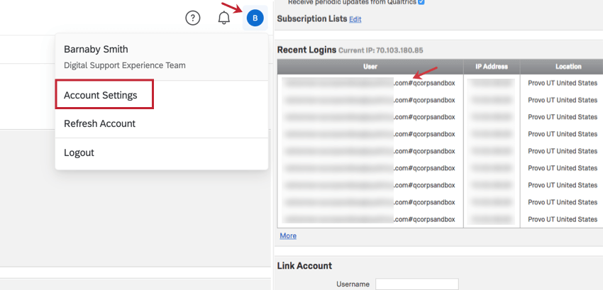 Recent Logins section of Account Settings with a pound sign in the username
