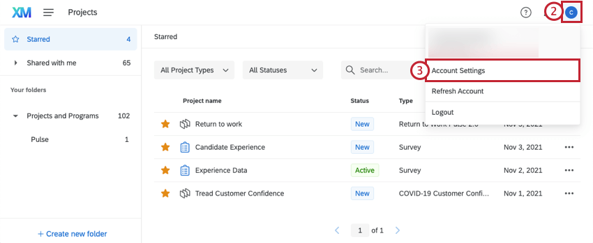 Navigating to the Account Settings in your Qualtrics account