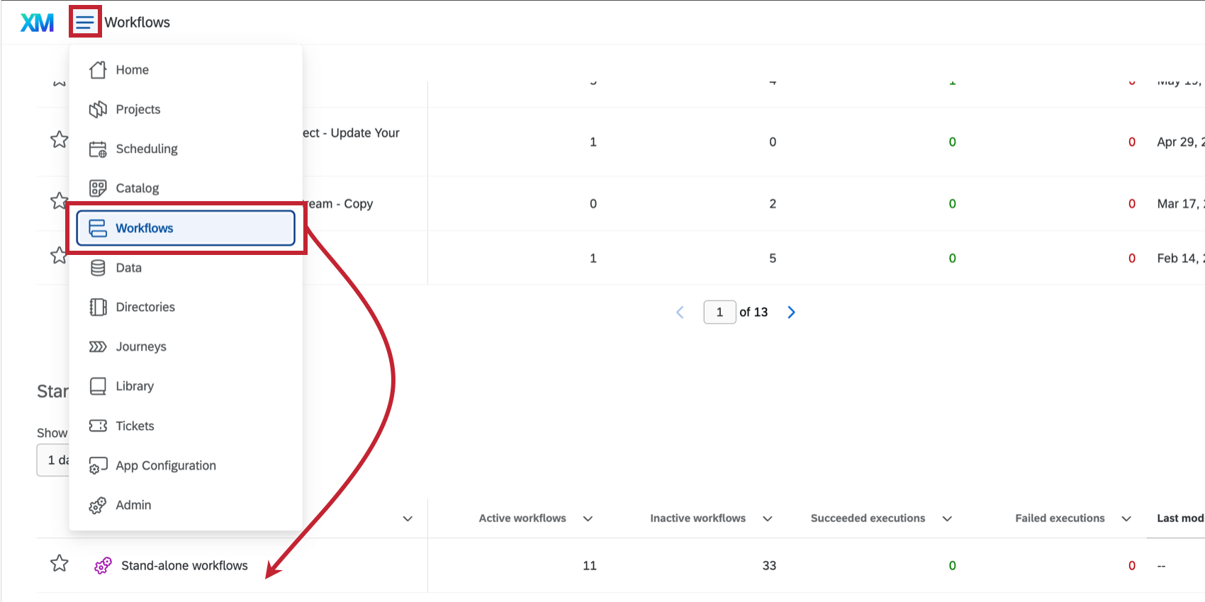facendo clic sul menu di navigazione in alto a sinistra, selezionando Flussi di lavoro, quindi Flussi di lavoro autonomi nella parte inferiore della pagina