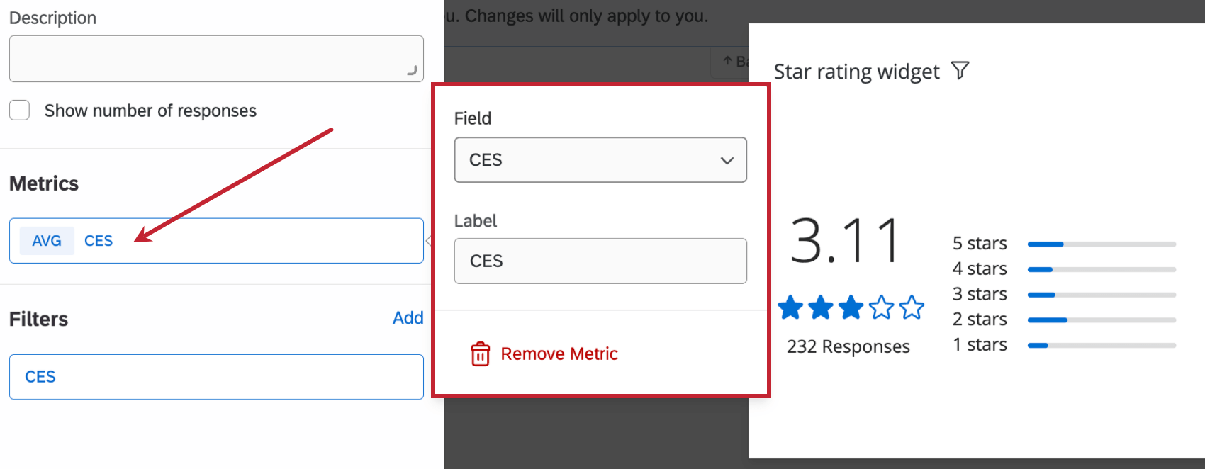 "Metrics" dropdown within the widget customization menu