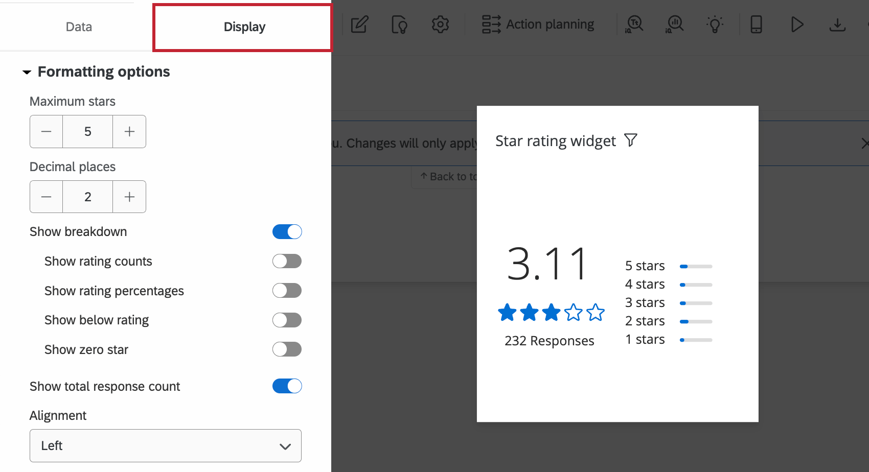 Pestaña de visualización dentro del panel de personalización del widget