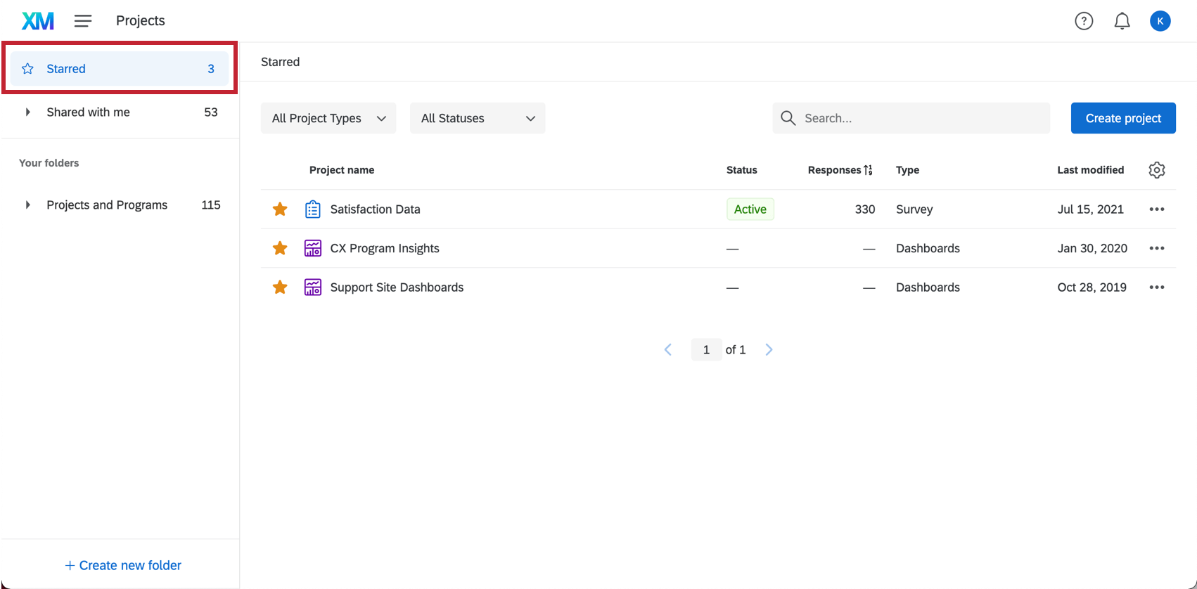 La cartella Starred nel menu Progetti