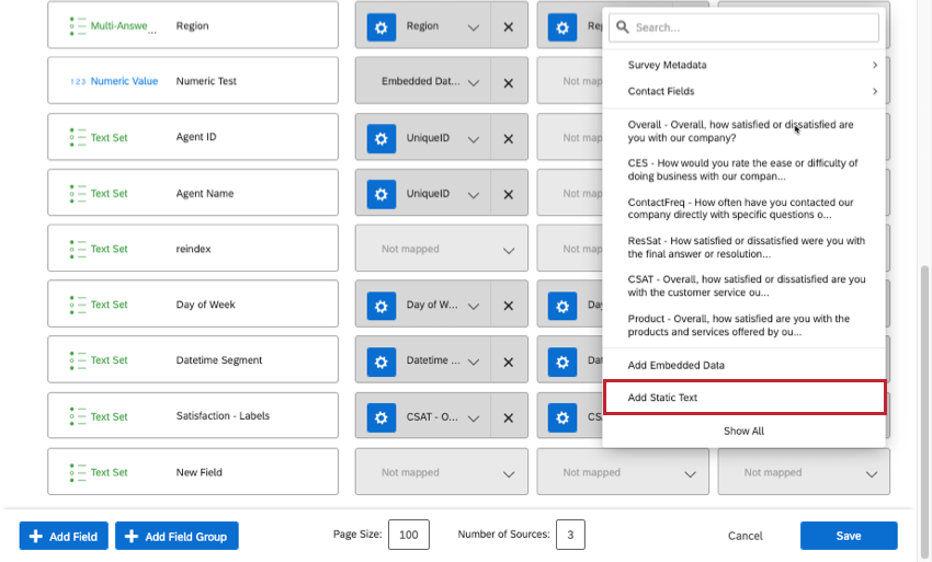mapping an empty value, and in the menu, under survey questions, is add static text