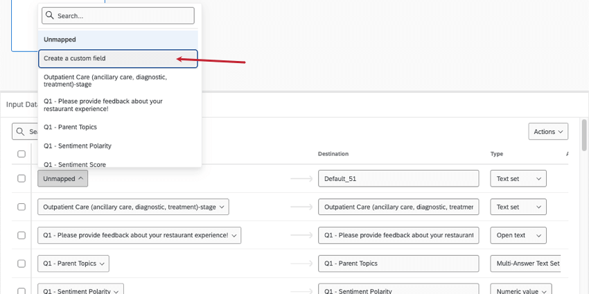 空白フィールドをマッピングする場合、アンケートの質問を選択する以外に、カスタムフィールドを作成するというオプションがあります。