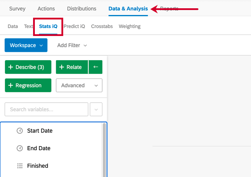 In data & analysis tab, upper-left inside a project, then next line down is Stats iQ
