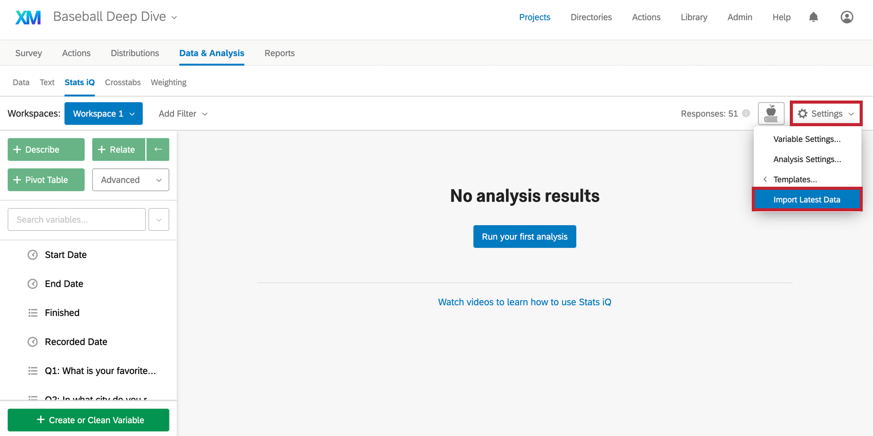 Importe los datos más recientes en el menú Configuración en la esquina superior derecha