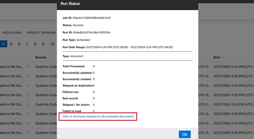 o link clique para fazer download na janela de estatísticas de execução