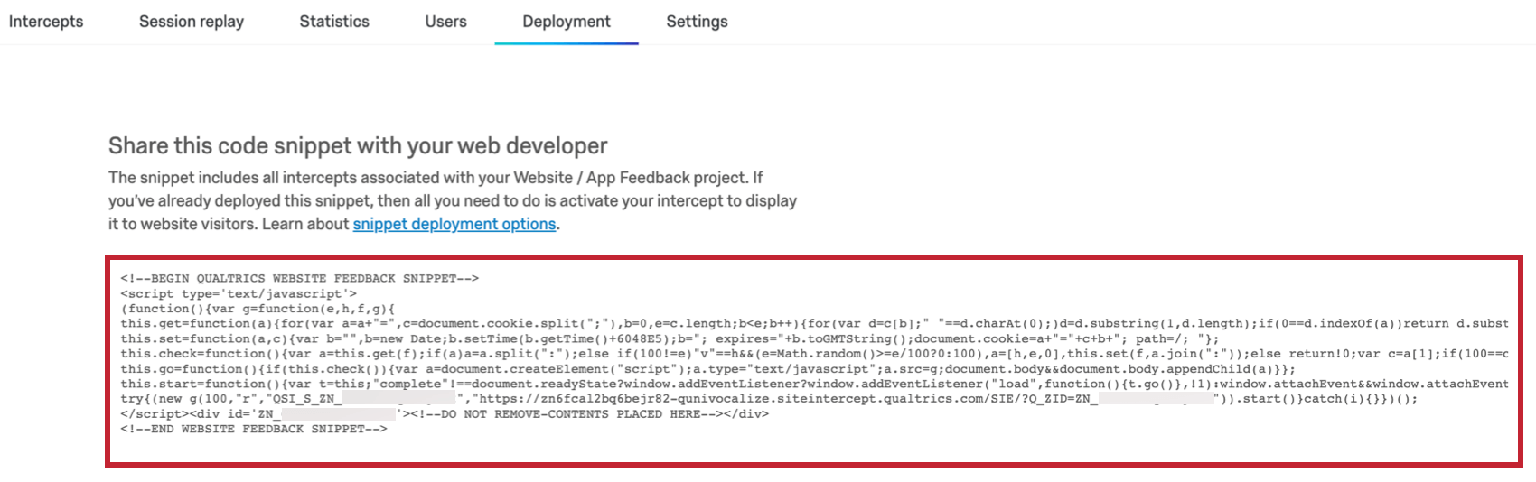 Deploymentセクション。ナビゲーション・バーの下には、Javascriptのコードが書かれた大きなフィールドがある。