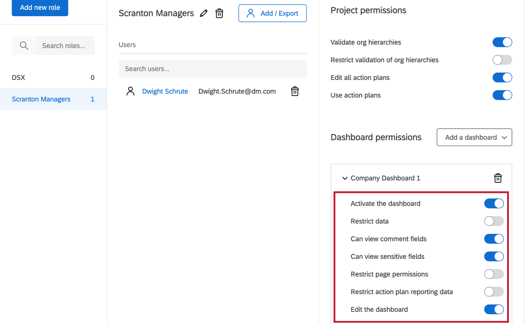 Role creation menu on the right with Permissions listed